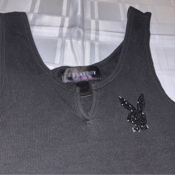 PLAYBOY Rhinestone Black Ribbed Crop Top SMALL - Picture 2 of 2